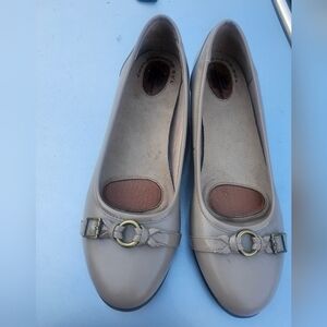 Life Stride Taupe Leather Ballet Flats with Brass Ring Detail